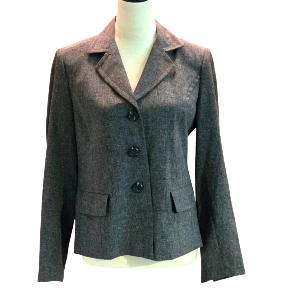 Studio C Gray Blazer Suit Jacket Notched Collar Button Up Faux Pockets Women's 8